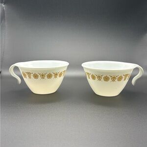 Set of 2 Vintage Pyrex Corning Corelle Butterfly Gold Coffee Teacups Milk Glass